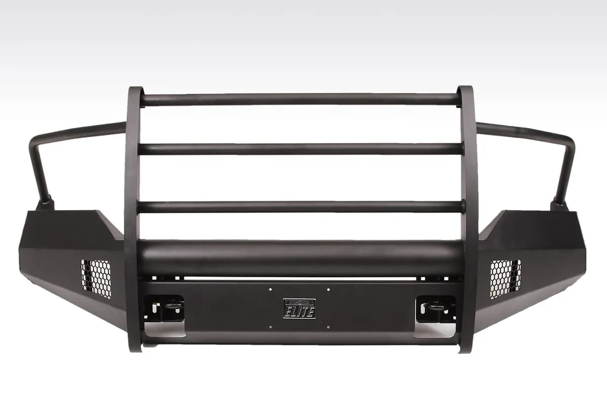 Elite Front Bumper; 2 Stage Black Powder Coated; w/Full Grill Guard And Tow Hooks;