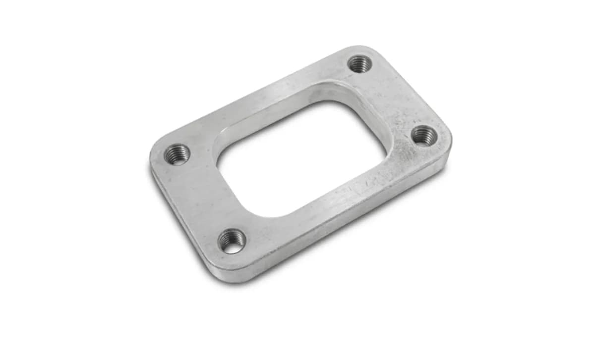 Turbo Inlet Flange; 44.5mm Bhcch; 86mm Bhccw; M10x1.5 Bhts; 66.8mm Overall h; 108mm Overall w; 0.5 In. Thickness; 46.5mm Port h; 63.5mm Port w; For T3/Gt30r; 304 Stainless Steel;