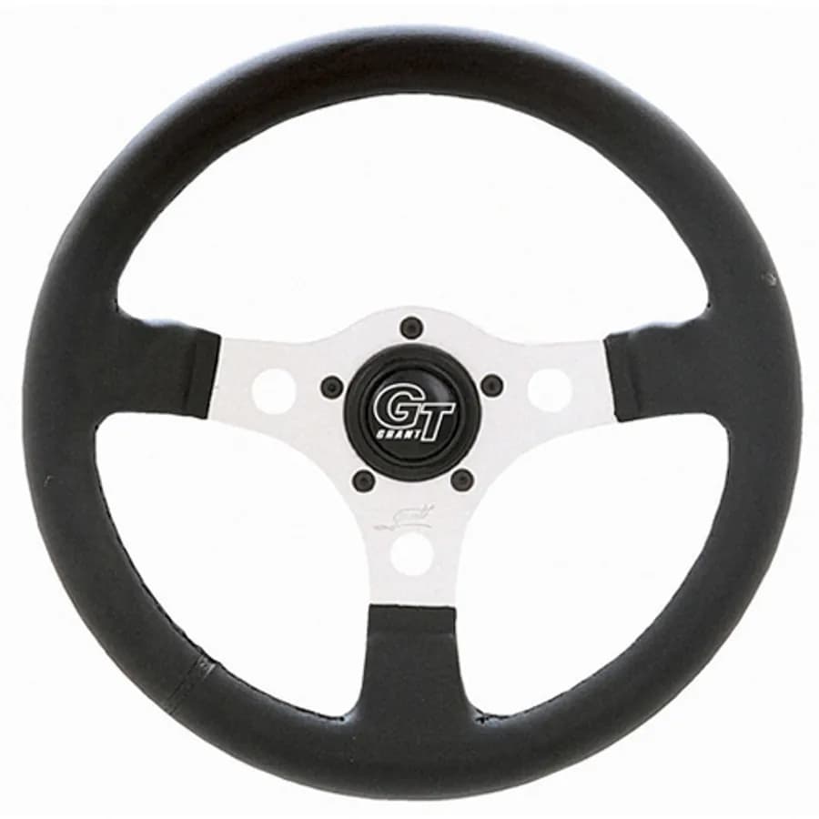 Formula GT Steering Wheel; 12 in. Diameter; 3 in. Dish; Black Leather Grained Vinyl; Silver Anodized 3-Spoke Design;