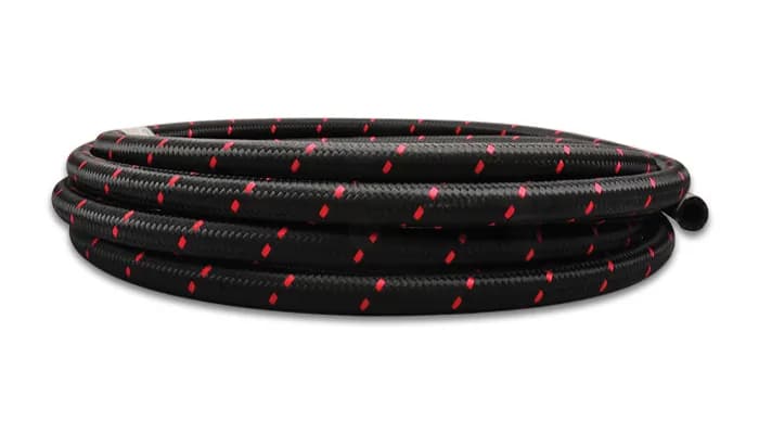 Nylon Braided Flex Hose; -10AN; 0.5625 in. Hose ID; 0.828 in. Hose OD; 500 PSI Operating Pressure; 2000 PSI BP; 10ft. Roll; Black/Red;