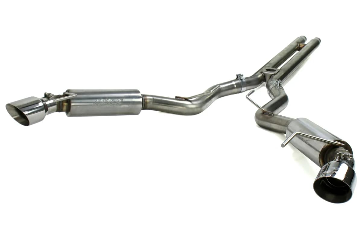 Armor Plus Cat Back Exhaust System; 3 in.; Incl. H-Pipe/Dual Mufflers/Hardware/4.5 in. Outlet Diameter Tips; Dual Split Rear Exit; Race Version; T409 Stainless Steel;