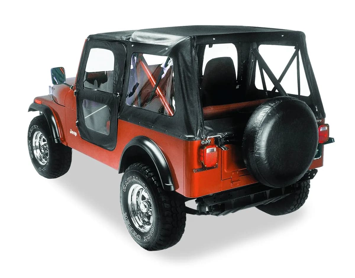 Black Crush Replace-a-Top Replace-a-Top Fabric-only Soft Top Jeep 76-83 CJ5; Includes door skins; Clear side and rear windows