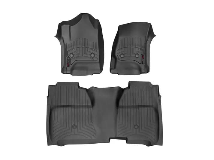 Black Front and Rear Floorliners Chevrolet Silverado 1500 2014 - 2015 Silverado 2500/3500 2015 GMC Sierra/Sierra Denali 2014 - 2015 Fits Crew Cab: fits models with 2st row bench seatiing; W/O Manal 4x4 floor mounted shifter