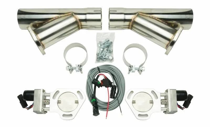 Dual Y Exhaust Electric Dump Cutout 3 in Natural Finish Hardware Included Aluminum And 304 Stainless Steel Material Pypes Exhaust