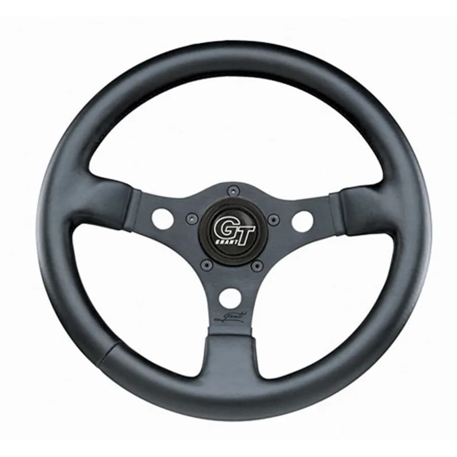 Formula GT Steering Wheel; 13 in. Diameter; 3 in. Dish; Black Leather Grained Vinyl; Black Anodized 3-Spoke Design;