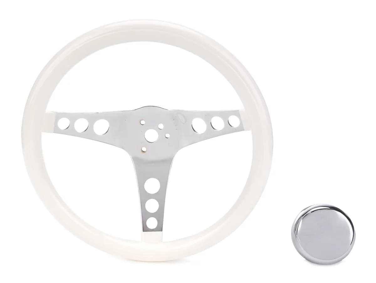 Classic Series Steering Wheel; 12 1/2 in. Diameter; 3 1/2 in. Dish; White Grip; Chrome 3-Spoke Design;