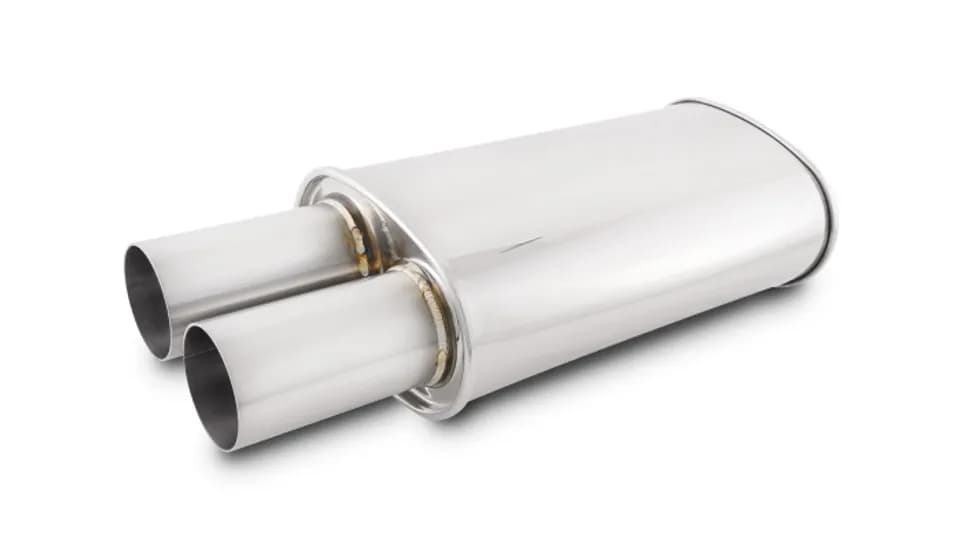 STREETPOWER Oval Muffler; 3 in. Round Straight Cut Tip; 3 in. Inlet ID; 5.75 in. L-Tip; 5 in. H; 9 in. W; 23 in. Overall L; 3 in. OD; 3.625 in. Center To Center; Brushed;