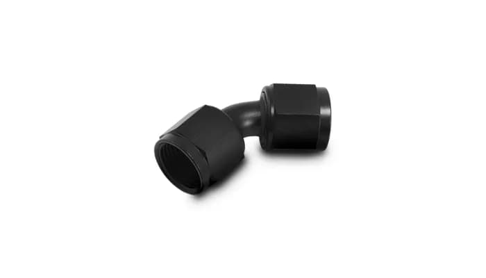 Female 45 Degree Union Adapter Fitting; -16AN x -16AN; 6061 Aluminum; Black Anodized;