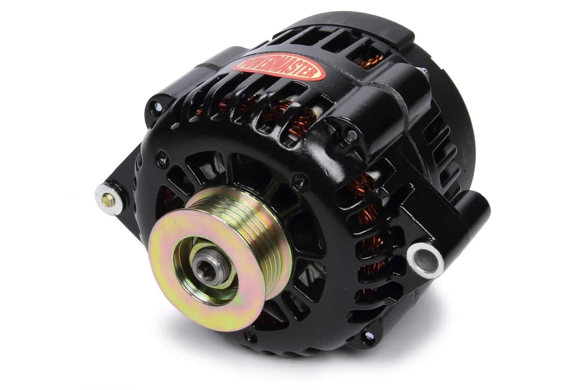 Racing Alternator; GM AD230; 165 Amp; 6 Groove Pulley; 6.61 in. Straight Mount; Side Battery Post; Black Finish;