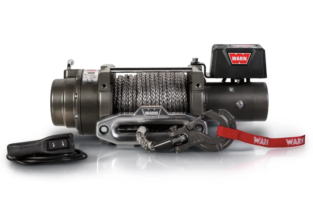 WARN - Vehicle Mounted; Vehicle Recovery Winch; 12 Volt Electric; 15000 Pound Line Pull Capacity; 80 Foot Spydura Synthetic Rope; Hawse Fairlead; Wired Remot