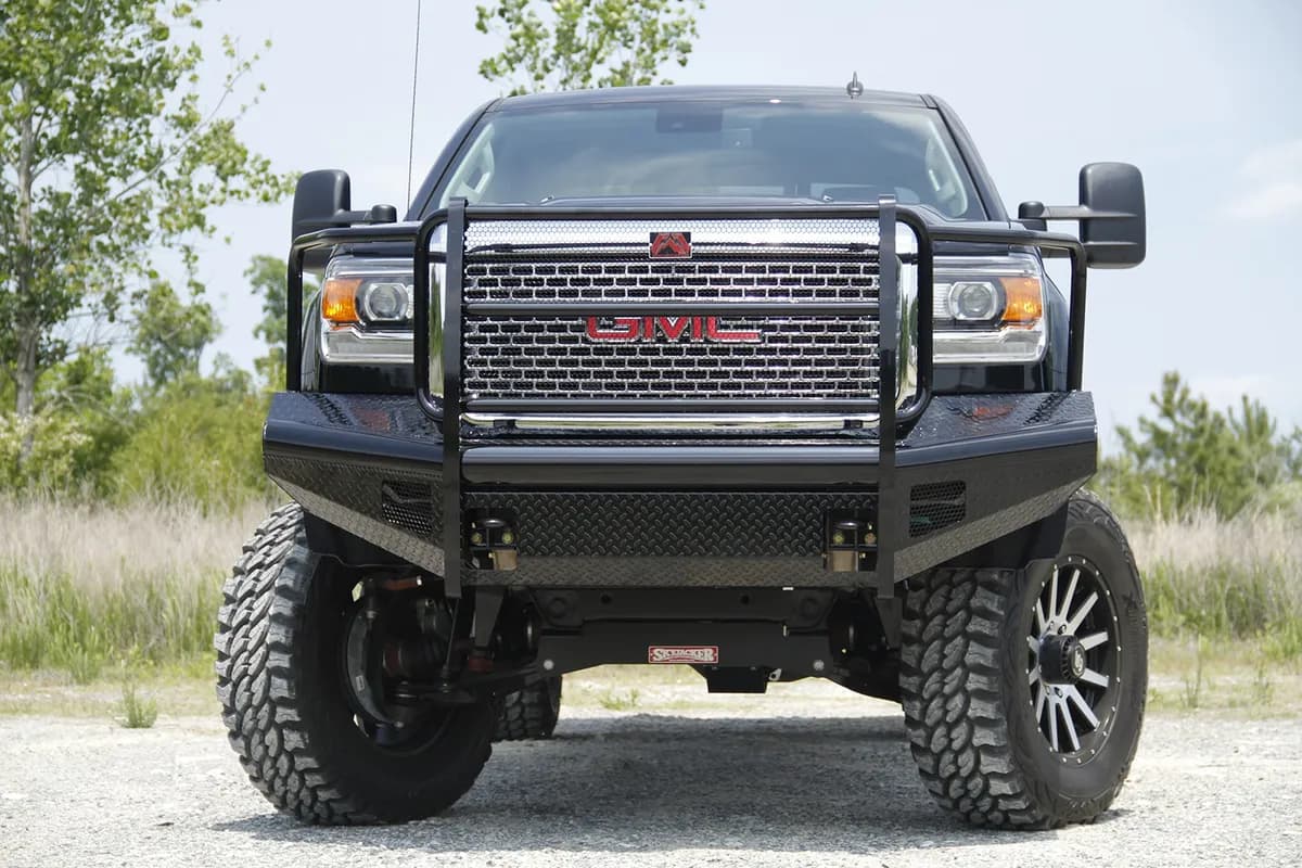 Black Steel Front Ranch Bumper; 2 Stage Black Powder Coated; w/Full Grill Guard; Incl. Light Cut-Outs;