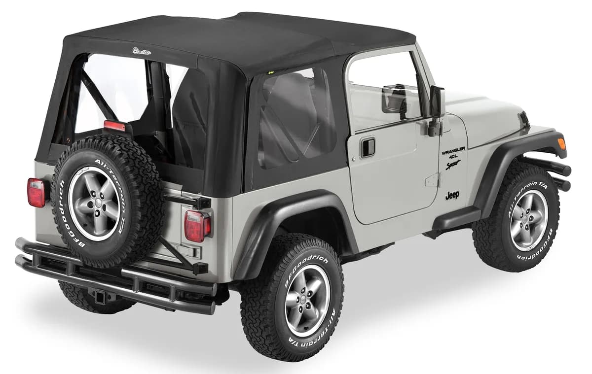 Black Denim Replace-a-Top Replace-a-Top Fabric-only Soft Top Jeep 97-02 Wrangler; No door skins included; Clear side and rear windows
