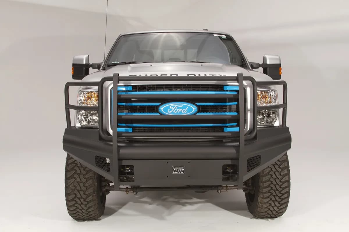 Elite Front Bumper; 2 Stage Black Powder Coated; w/Full Grill Guard; Incl. Light Cut-Outs;