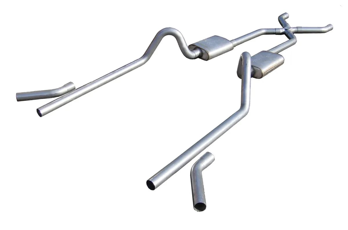 Crossmember Back w/H-Pipe Exhaust System 55-57 Tri-Five Chevy Split Rear Dual Exit 2.5 in Intermediate And Tail Pipe Street Pro Mufflers/Hardware Incl Tip Not Incl Pypes Exhaust