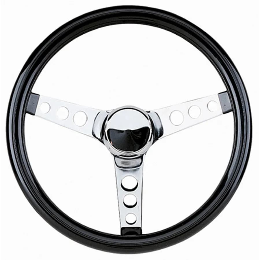 Classic Series Cruising Steering Wheel; 13 1/2 in. Diameter; 3 1/2 in. Dish; Black Gloss Vinyl Grip; Chrome 3-Spoke Design;