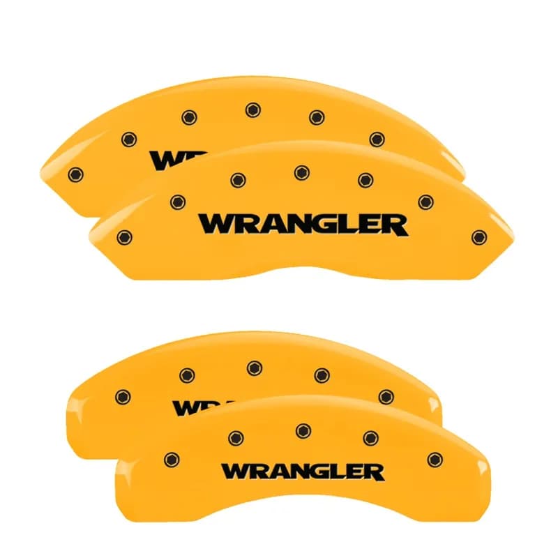 Set Of 4 Caliper Covers Engraved Front And Rear Wrangler Yellow Finish Black Characters 2018-2024 Jeep Wrangler MGP Caliper Covers