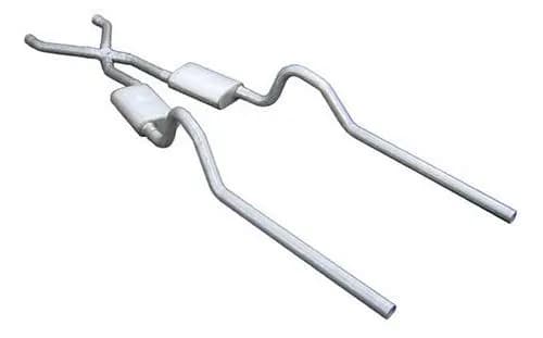 Crossmember Back w/X-Pipe Exhaust System 66-74 Mopar B-Body Split Rear Dual Exit 2.5 in Intermediate And Tail Pipe Hardware Incl Muffler And Tip Not Incl Pypes Exhaust