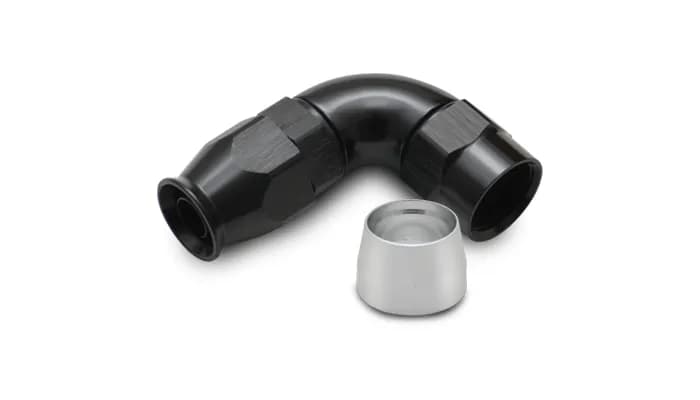 90 Degree High Flow Hose End Fitting; -6AN; 6061 Aluminum; Black Anodized; For PTFE Lined Hose;