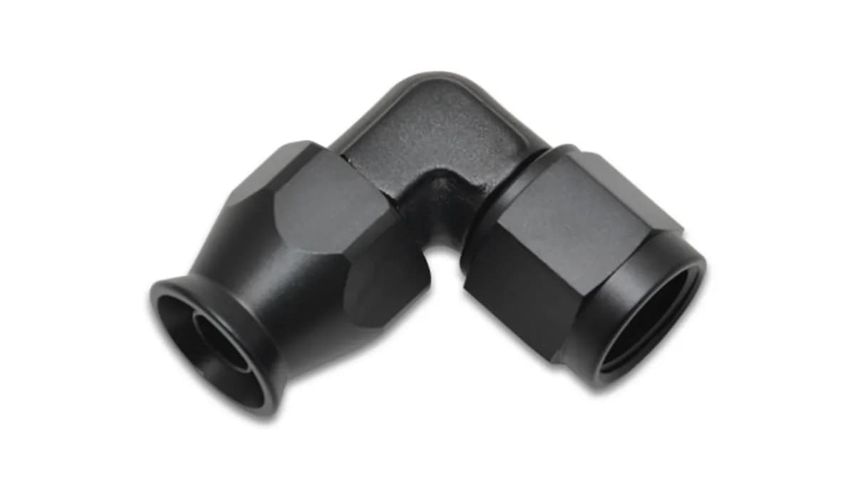 90 Degree Hose End Fitting; -3AN; 6061 Aluminum; Black Anodized; Tight Radius Forged;