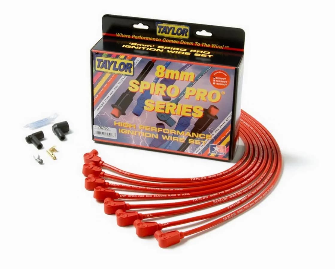 Taylor Cable Chevy Small Block Race Fit 8mm Spiro-Pro Spark Plug Wire Set with Under Headers HEI Fitment - Red - 90° Spark Plug Boot Angle - 76230