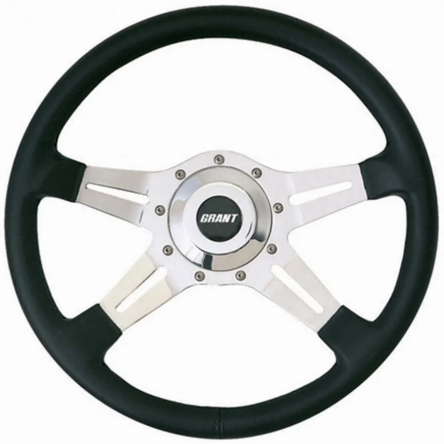 Le Mans Steering Wheel; 14 in. Diameter; Black Hand Grip w/Polished Aluminum Spokes; Slotted Cut Out Spoke; Includes Polished Horn Button w/GRANT Logo;