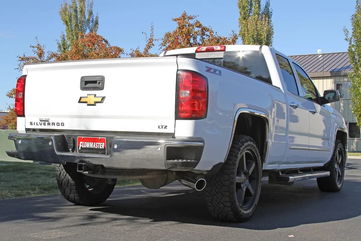 11-13 Chevrolet/GMC 1500 6.2L V8 Crew Cab/Short Bed Extra Cab/Standard Bed 143in WB Cat-back 50 Series Big Block Muffler Mandrel Bent 3.5in. 16 Gauge Tubing 4in. Polished 304S W/Embossed Logo Tip SOS Force II 409S Stainless Steel