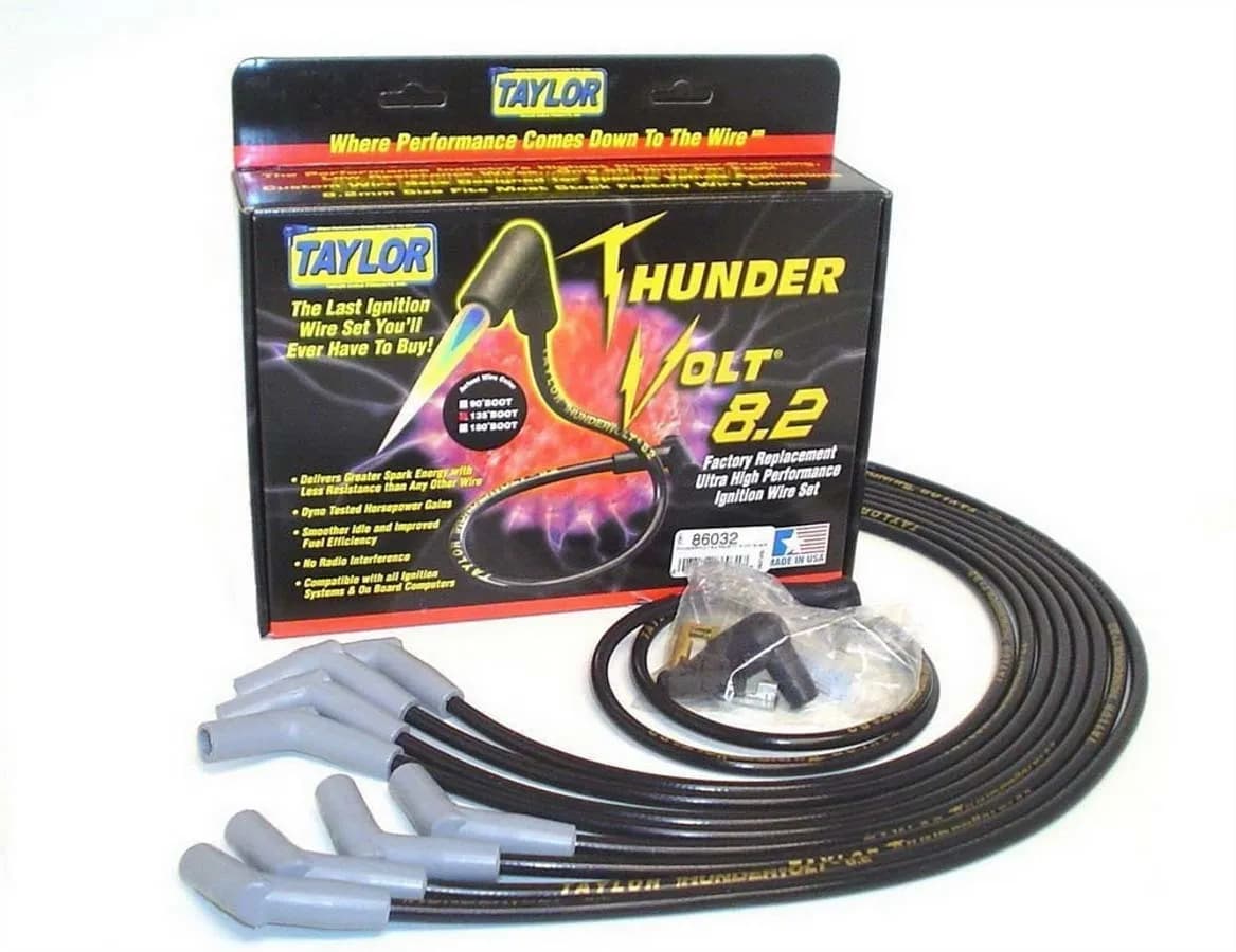 Taylor Cable Chevy Big Block Race Fit 8.2mm Thundervolt Spark Plug Wire Set with Over Valve Cover HEI Fitment - Black - 135° Spark Plug Boot Angle - 86032