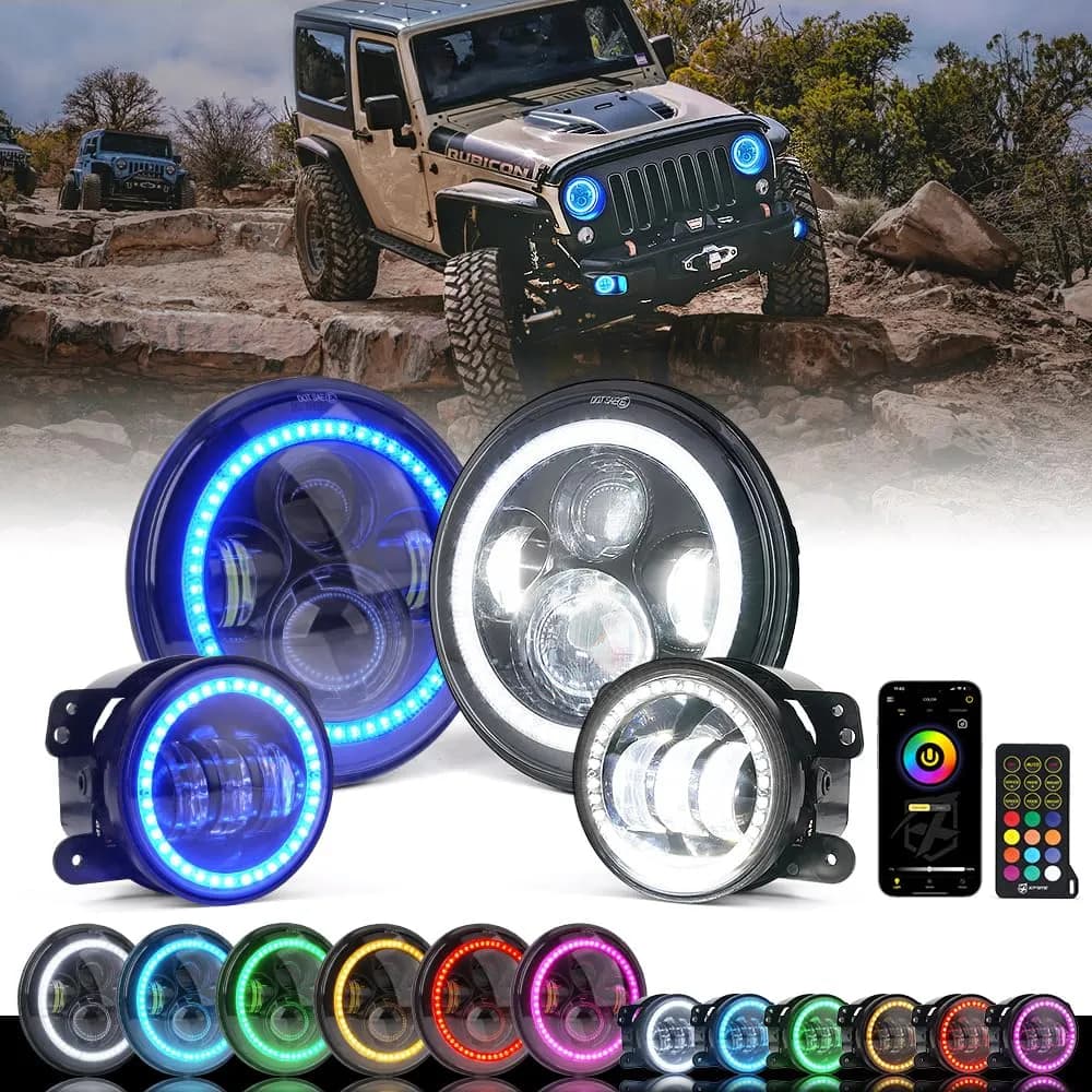 Xprite 7" Inch RGB Halo LED Headlights & 4" Fog Lights Led Combo For 2007-2018 Jeep Wrangler JK Jku