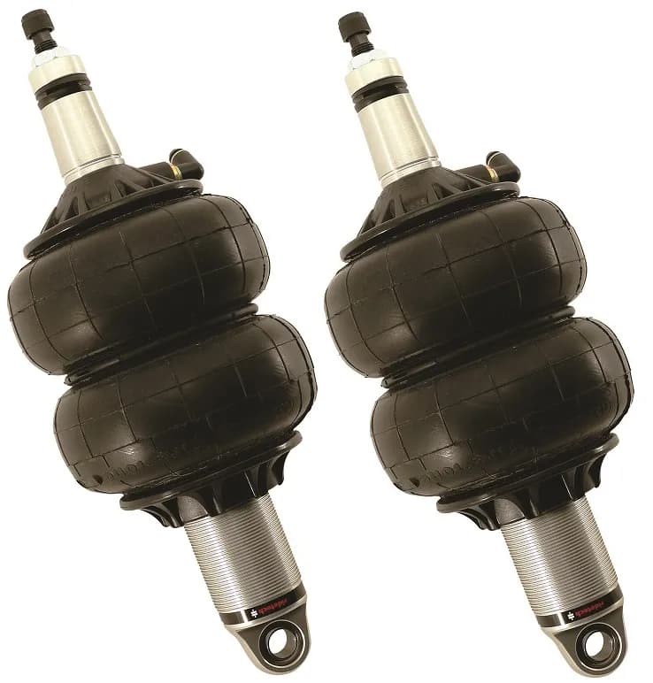 Front HQ Shockwaves 1000 Series W/ 3.6 Inch Stroke, 2 Inch Stud Pair Of Rebound Adjustable Shock waves 6.5 Inch Double Convoluted W/ 1/4 Inch Fittings, Bearing Spacers 1/2 Inch And 5/8 Inch 10.3 Inch X 13.3 Inch W/ A 11.75 -12 Inch Ride Height Ridetech