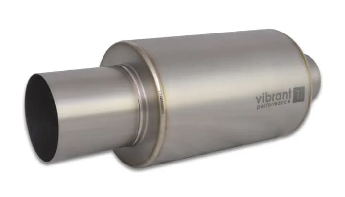 Muffler; 3 in. Inlet ID; 4 in. Tip OD; 6.25 in. Body OD; 17 Overall L; 10 in. Muffler Body L; Natural Titanium Finish; 4.12 LBS Weight; w/Straight Cut;