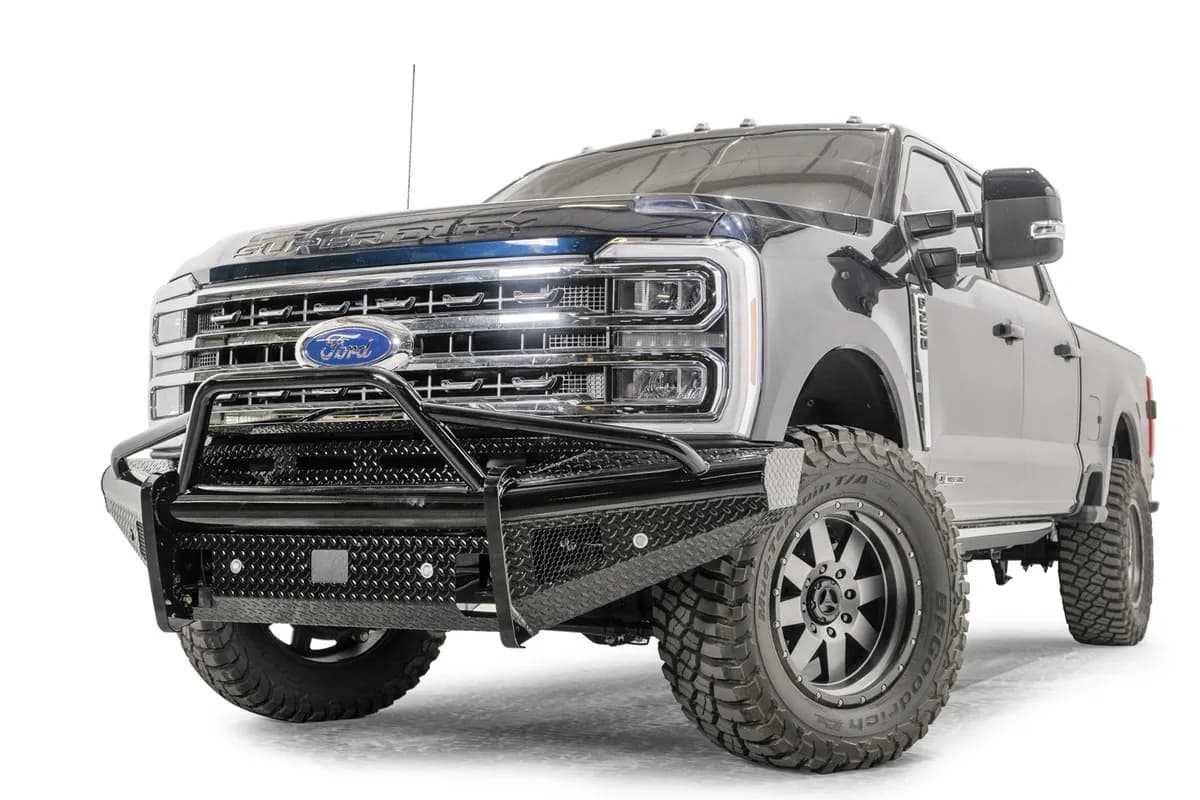 Black Steel Front Bumper; w/Pre-Runner Guard; Sensor Compatible; Gloss Black;