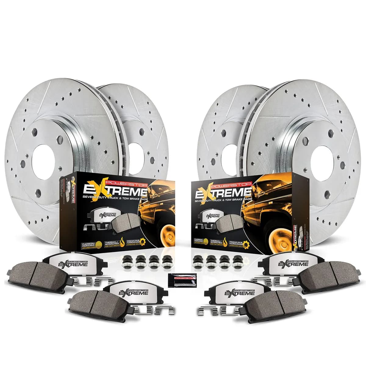 Z36 Truck/Tow Upgrade Kit: Drilled/Slotted Rotors; Carbon-Fiber Ceramic Pads W/Hardware; Pad Sensors