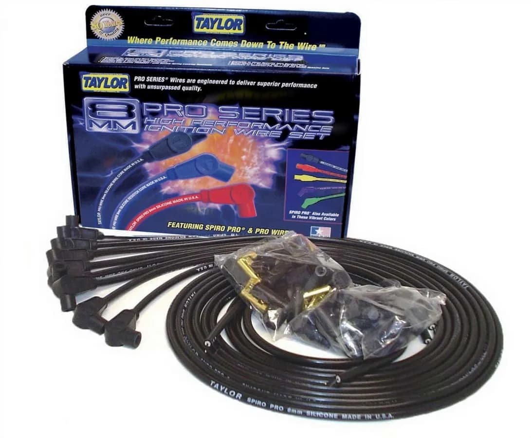 Taylor Cable Universal 8mm Spiro-Pro Spark Plug Wire Set - 8 Cylinders - 90° Spark Plug Boot Angle - Black - 73051