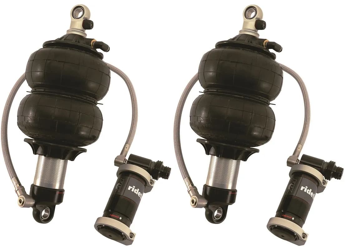 Front TQ Shockwaves 1000 Series W/ 3.6 Inch Stroke And 1.7 Inch Eye Pair Of Triple Adjustable Shock waves 6.5 Inch Dble Convoluted W/ 1/4 Inch Fittings And Bearing Spacers 1/2 Inch And 5/8 Inch 10 Inch X 13 Inch W/ A 11.5 -11.75 Inch Ride Height Ridetech
