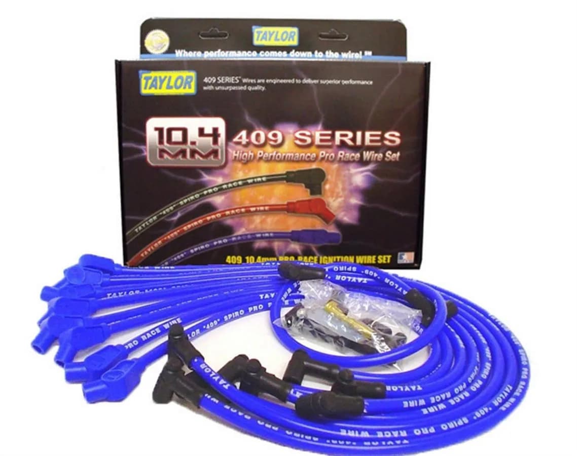 Taylor Cable Ford Small Block Race Fit 10.4mm 409 Series Spark Plug Wire Set with Over Valve Cover DSI Fitment - Blue - 135° Spark Plug Boot Angle - 79658