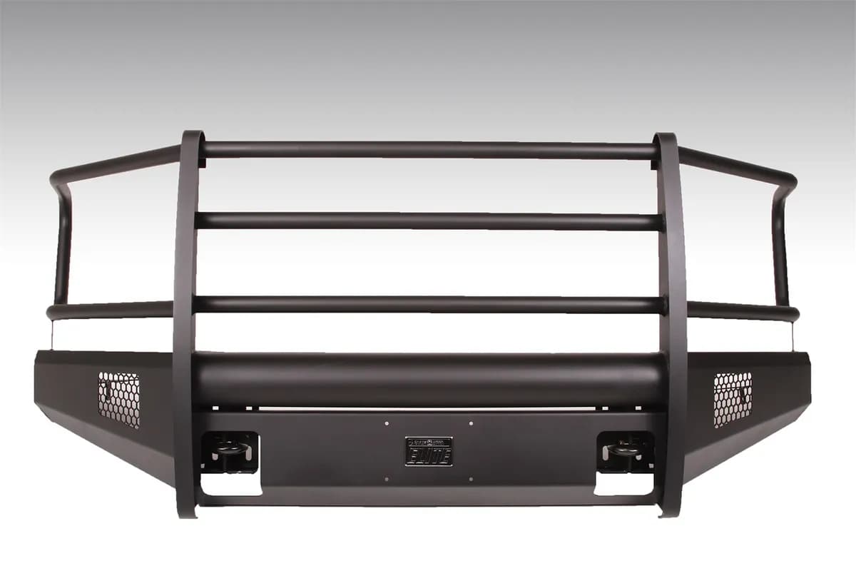 Elite Front Bumper; 2 Stage Black Powder Coated; w/Full Grill Guard; Incl. Light Cut-Outs And Tow Hooks;