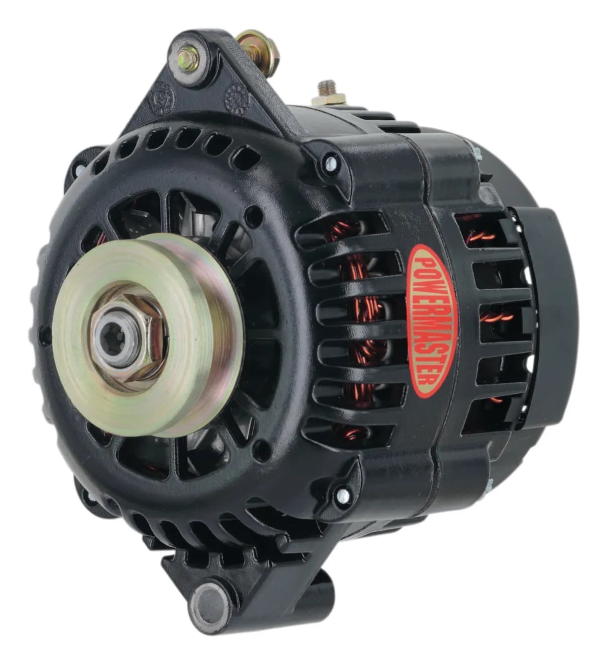 Racing Alternator; GM AD230; 165 Amp; 1 Groove V Type Pulley; 6.61 in. Straight Mount; Side Battery Post; Black Finish;