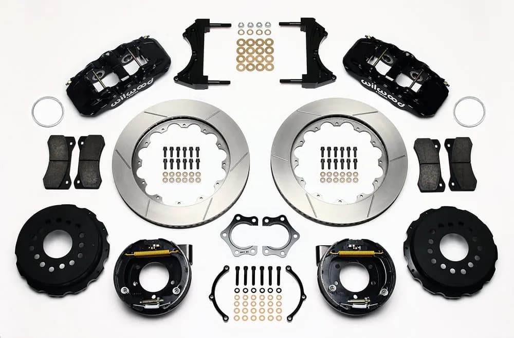 Wilwood AERO4 Rear P-Brake Kit 14.00in Drilled MoparDana 2.36in Off wSnap Ring Brng