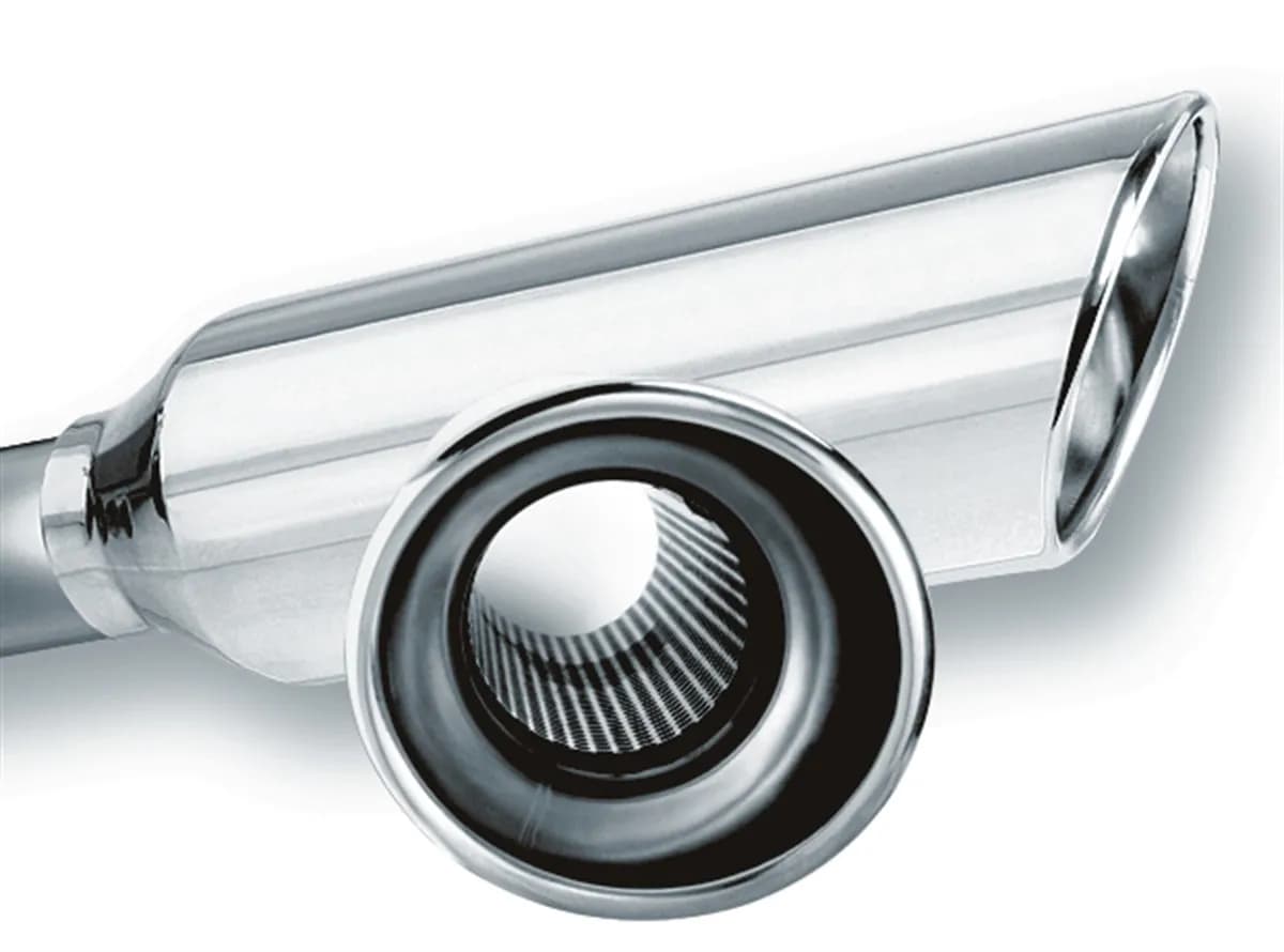 Universal Exhaust Tip 2.25 in. Inlet 4 in. Round Outlet 13 in. Length Weld-On Single Round Rolled Angle Cut Resonated Embossed Polished Stainless Steel