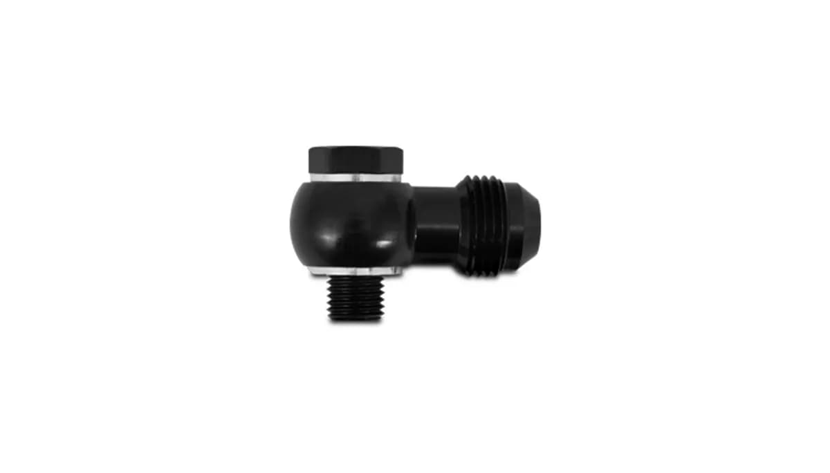Banjo Hose End Fitting Assembly; -6AN Banjo Size; M12x1.25 Metric Bolt Size; 6061 Aluminum; Black Anodized; Single Male;