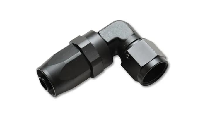 90 Degree Swivel Hose End Fitting; -6AN; 6061 Aluminum; Black Anodized; Elbow Forged;