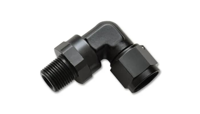 90 Degree Swivel Adapter Fitting; -4AN Female x 0.125 in. NPT Male; 6061 Aluminum; Black Anodized;
