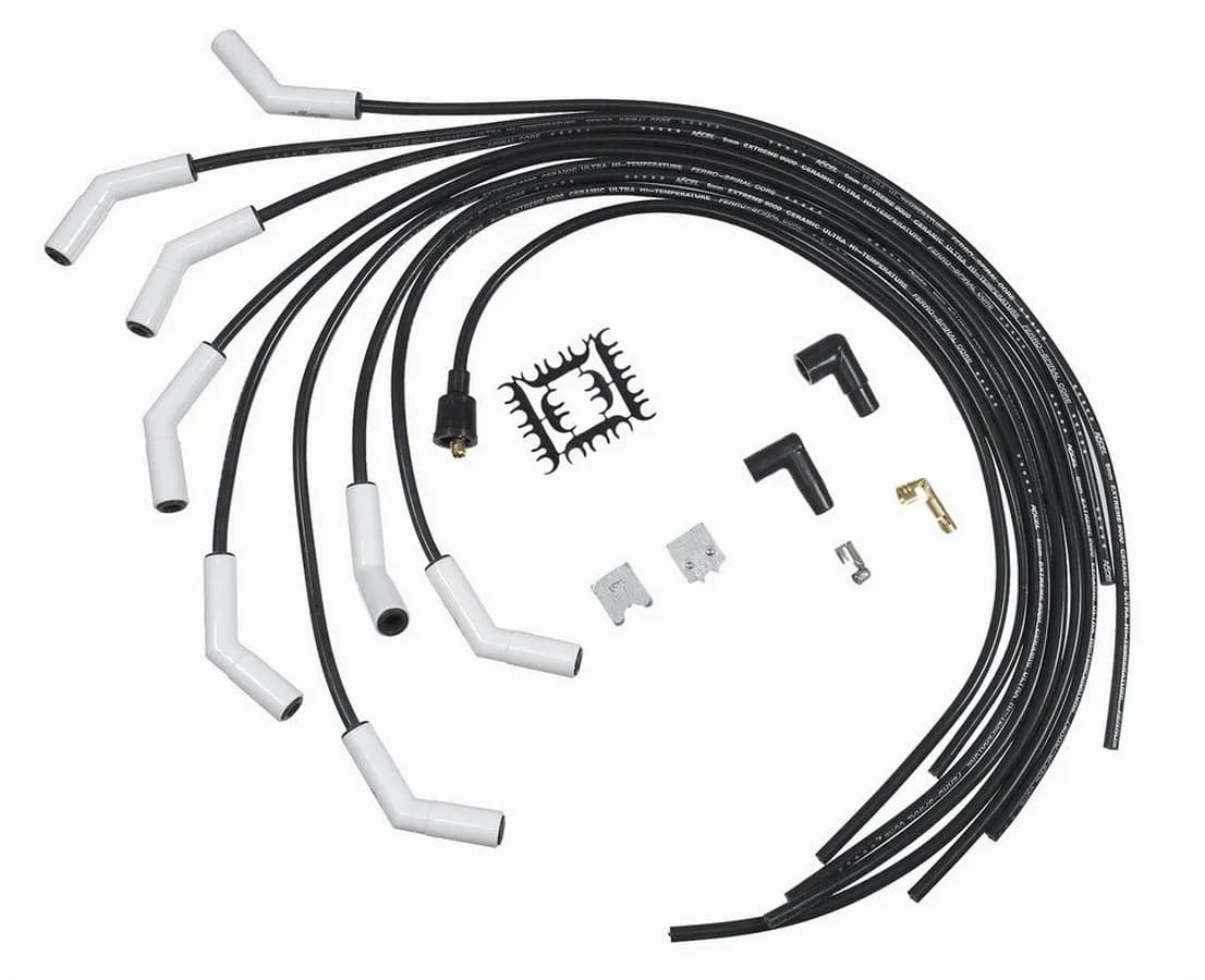 Spark Plug Wire Set - Universal - 135 Deg White Ceramic Boots - 9002C, Spark Plug Wires, Pro Fit Ceramic, Spiral Core, 8mm, Black, Set