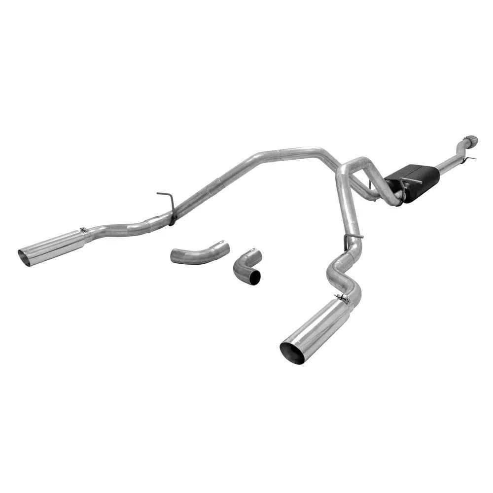 2014 GM Silverado/Sierra 1500 1/2 Ton 5.3L V8 All Crew Cab 2/4 Wheel Drive Super 50 Series Muffler 16 G. Mandrel Bent Tubing 3.50" Logo Embossed Stainless Tips Force II DOR/S 409S Stainless Steel.