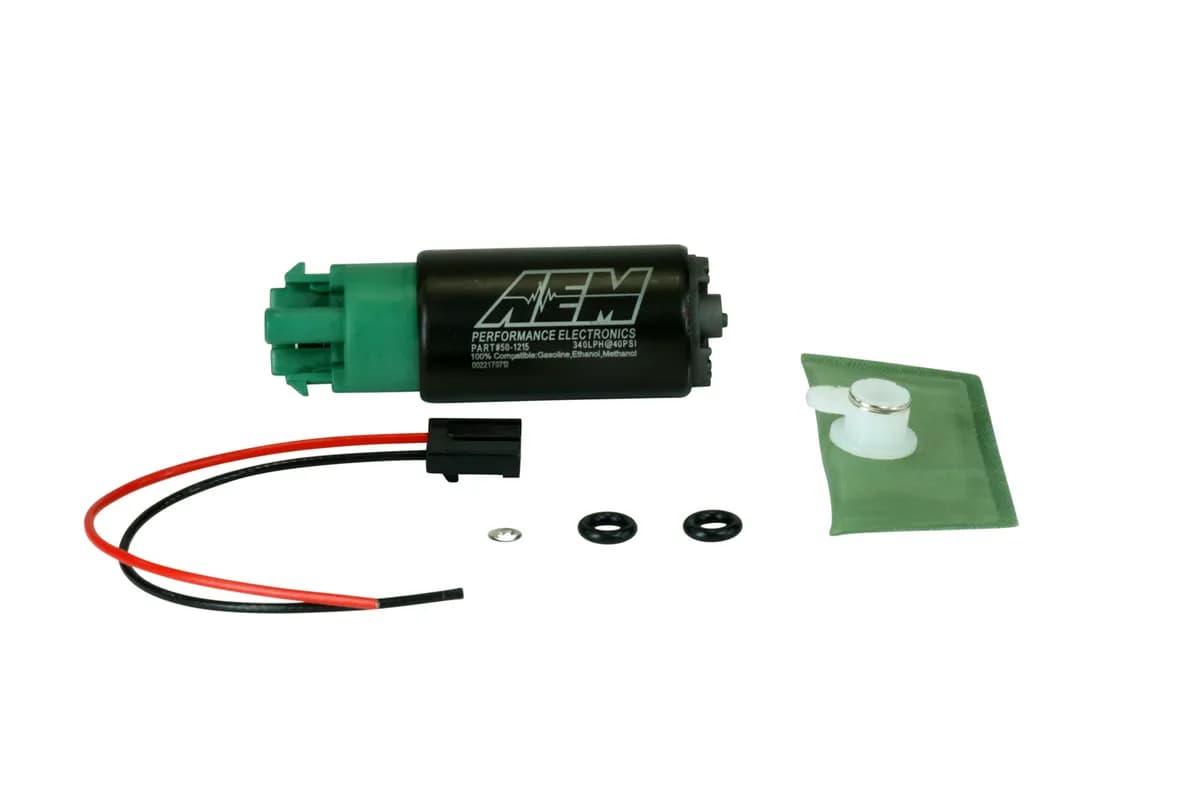 AEM 340LPH E85-Compatible High Flow In-Tank Fuel Pump - 65mm Body w/Hooks - Offset Inlet/340LPH@40psi/Not application specific