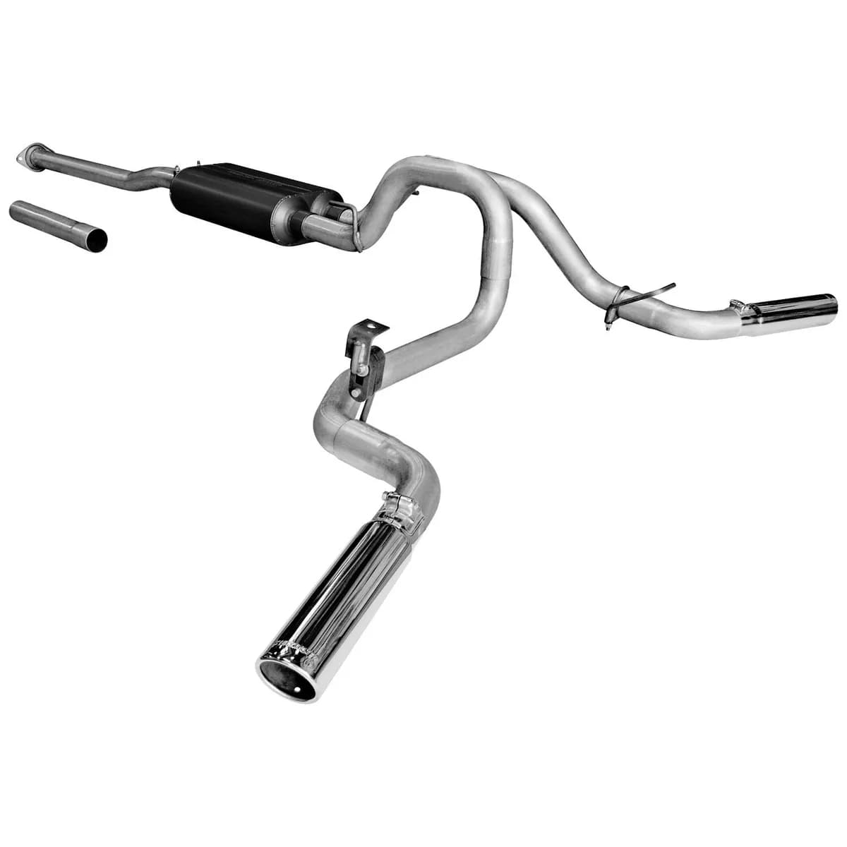 05-12 Toyota Tacoma (Except Std Cab/X-Runner) 4.0L V6 2/4 Wheel Drive Super 50 Series Muffler 2.50in tailpipes with 3.00in Logo Embossed Stainless Tips American Thunder DOS Mandrel Bent Tubing 409S Stainless Steel.