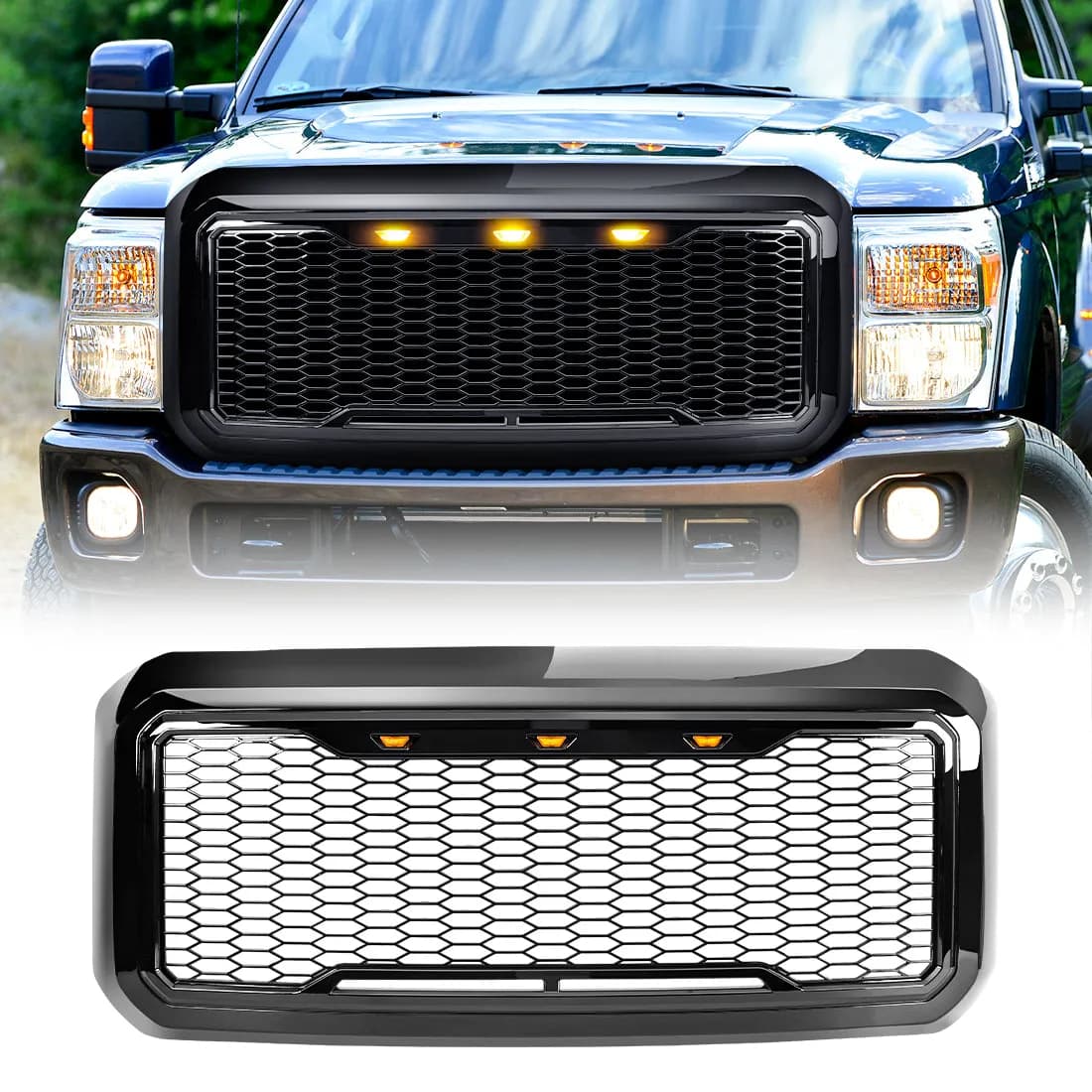 Raptor Style Mesh Grille W/ Amber Lights - Glossy Black For 2011-2016 Ford F250/ 350/ 450/ 550 Super Duty | In Stock On Apr 30