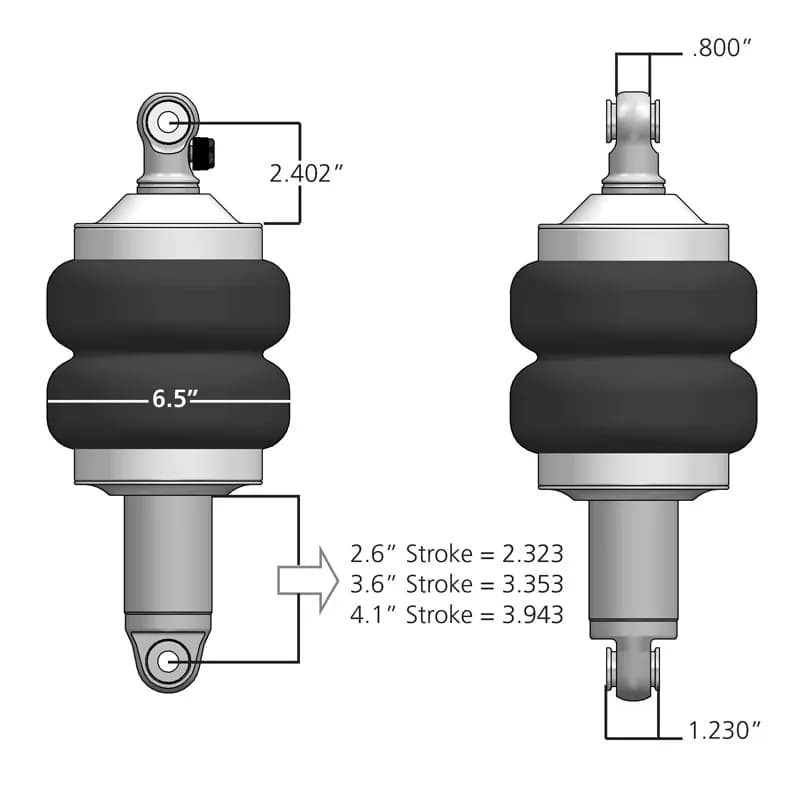 Front HQ Shockwaves 1000 Series W/ 3.6 Inch Stroke, 1.7 Inch Eye Pair Of Rebound Adjustable Shock waves 6.5 Inch Double Convoluted W/ 1/4 Inch Fittings, Bearing Spacers 1/2 Inch And 5/8 Inch 10 Inch X 13 Inch W/ A 11.5 -11.75 Inch Ride Height Ridetech