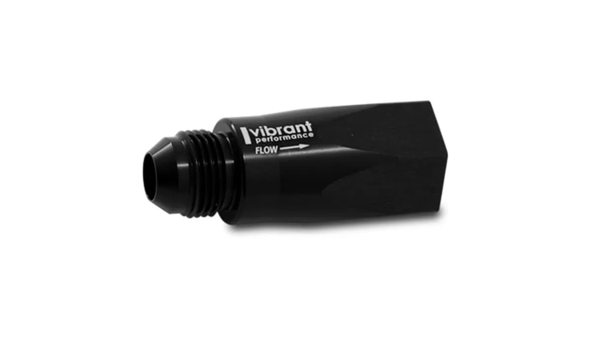 Ball Style Inline One Way Check Valve; -12AN Male; -12AN ORB Female; 6061 Aluminum; Black Anodized;