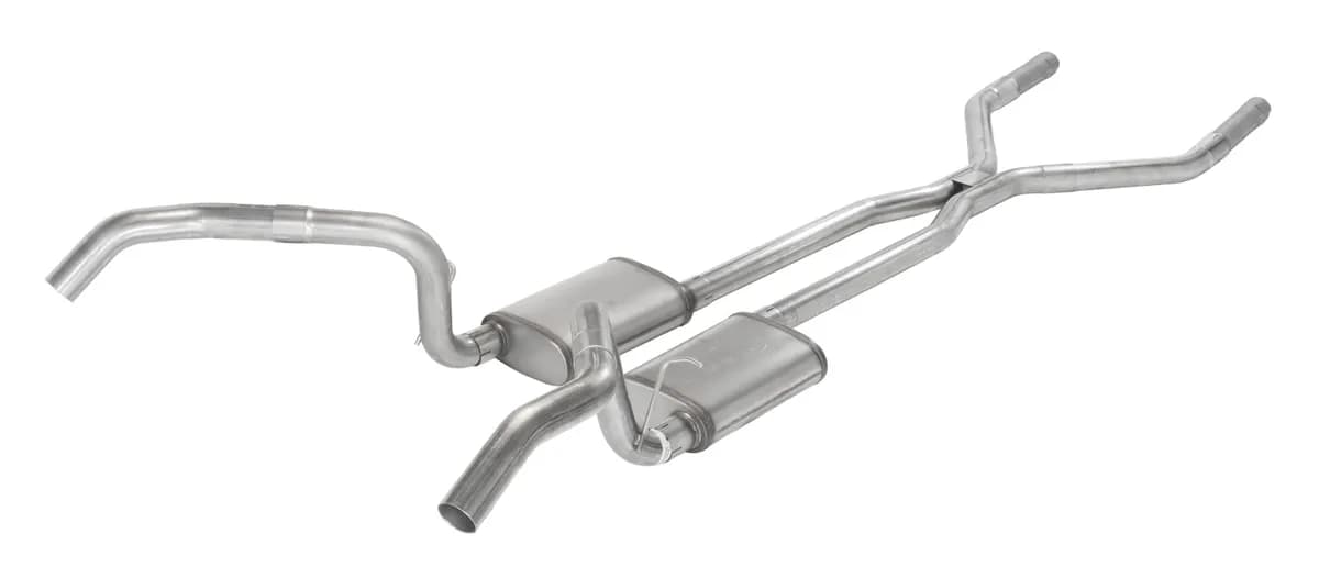 Crossmember Back w/H-Pipe Exhaust System 67-69 Split Rear Dual Exit 2.5 in Intermediate Pipe And Tailpipe Race Pro Mufflers/Hardware Incl Tip Not Incl Pypes Exhaust